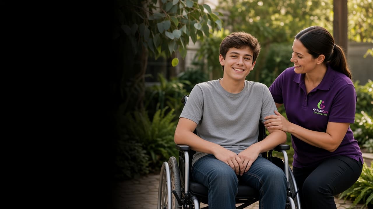 A young NDIS participant and Ansaar Care support worker sharing a warm, supportive moment